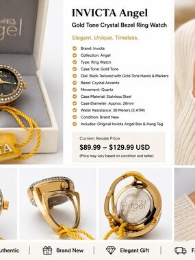 Invicta Angel Gold Tone Crystal Bezel Ring Watch - Black Dial